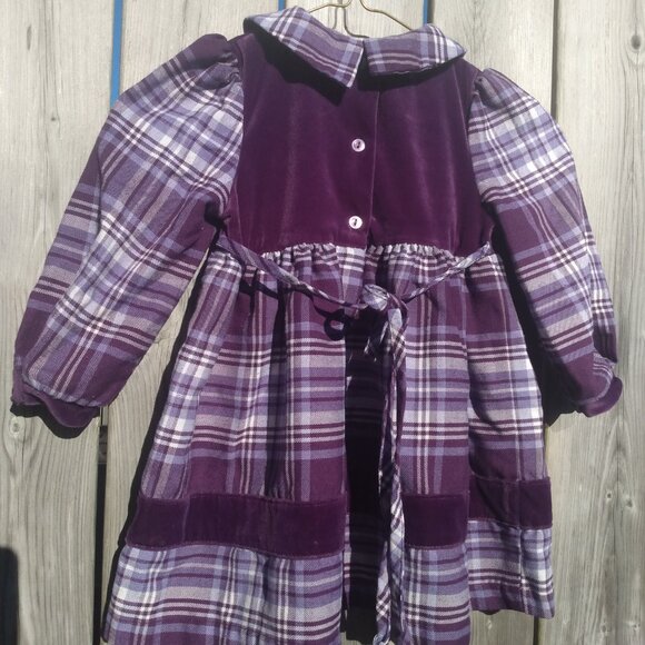 Vintage 80s Girls Dress Purple Plaid Velour 90s Prairie Pioneer Long Sleeves - Picture 9 of 10